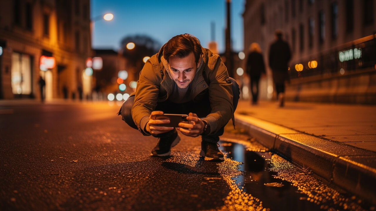 Filmmaker composing low-angle cinematic iPhone shot at dusk on city street.