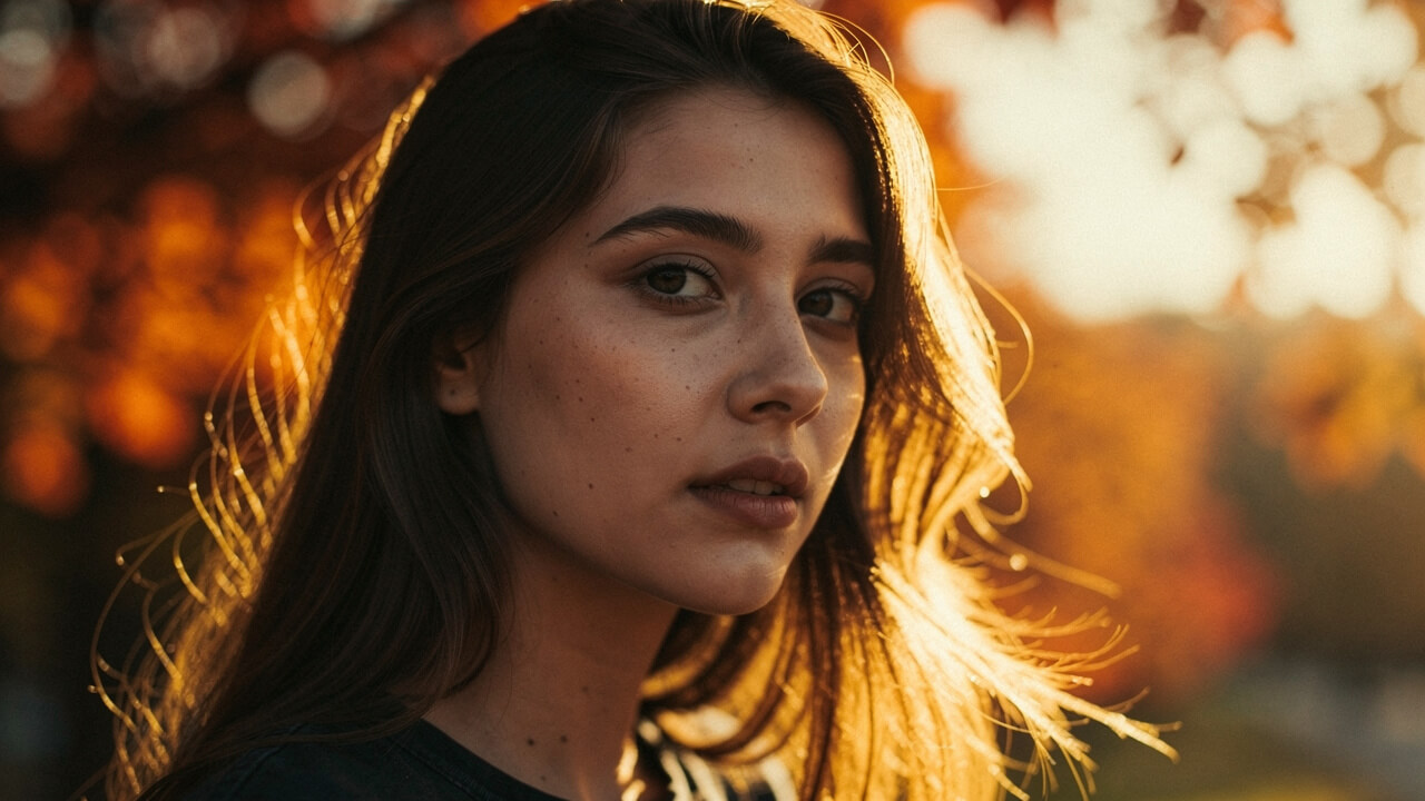 Cinematic golden hour portrait with shadow side lighting technique.
