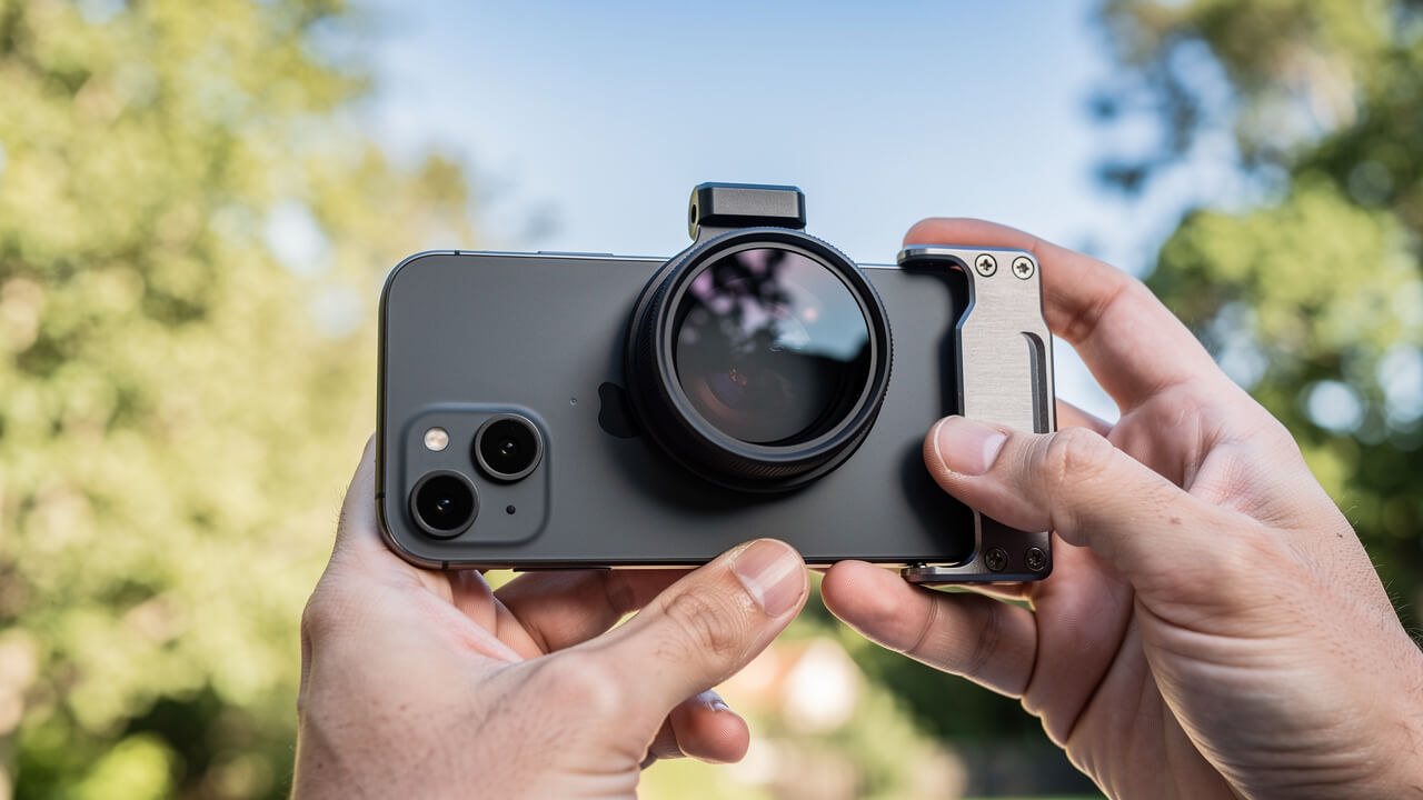 iPhone with variable ND filter attached for outdoor cinematic filming