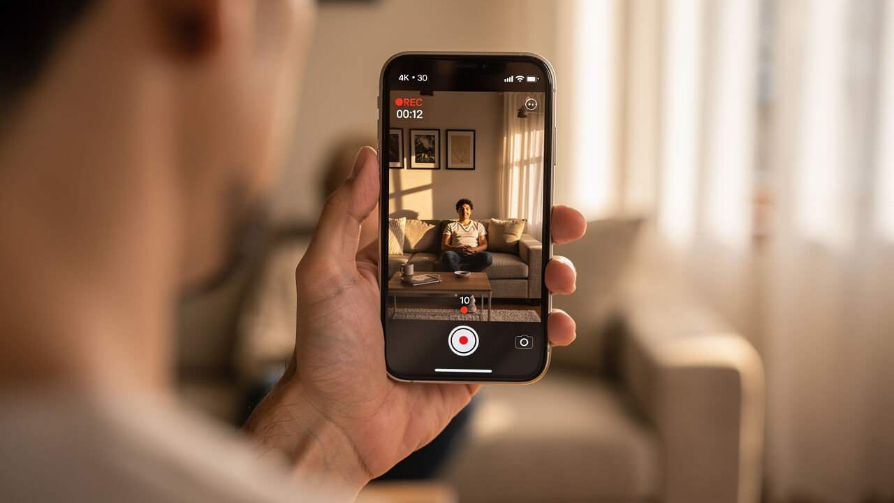 iPhone Camera app open in landscape mode for spatial video.