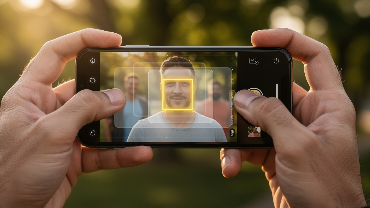 iPhone Cinematic Mode focus selection with yellow indicator box.