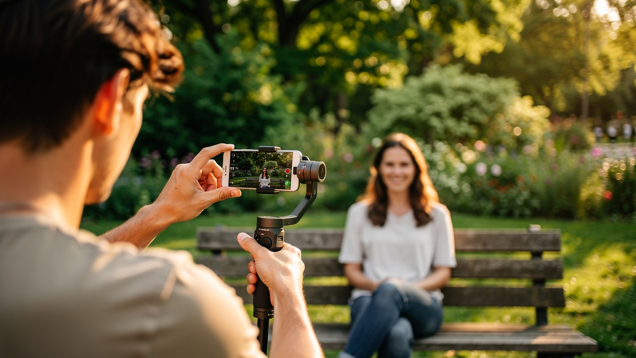 Filmmaker using iPhone Cinematic Mode for outdoor interview recording.